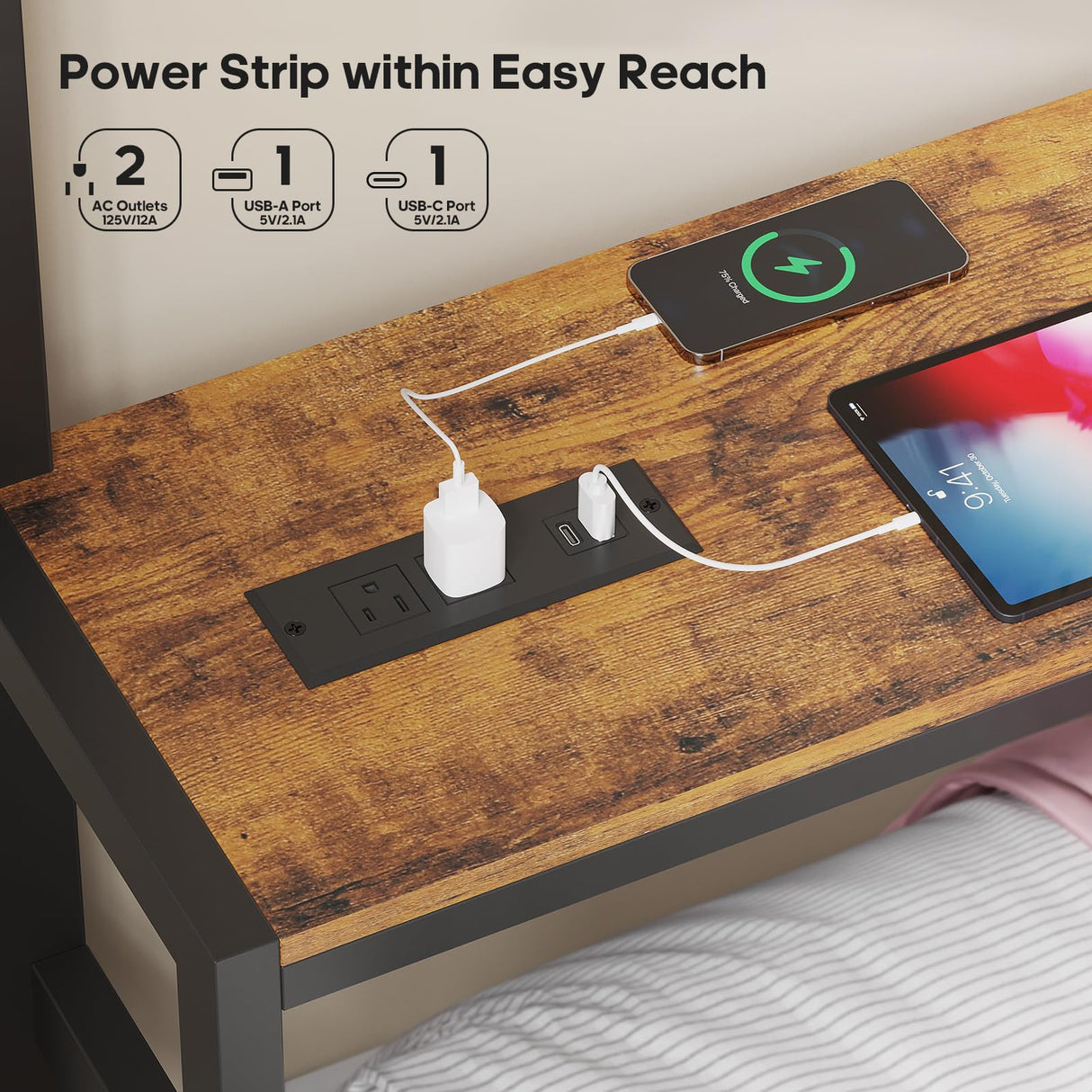 BTHFST Bunk Bed Twin Over Twin with 4 Storage Drawers & Shelves & Bedside Caddy, Twin Bunk Beds with Led Lights & Charging Station, Metal Bunk Bed with Angled Ladder & Safety Guardrail, Rustic Brown BTHFST