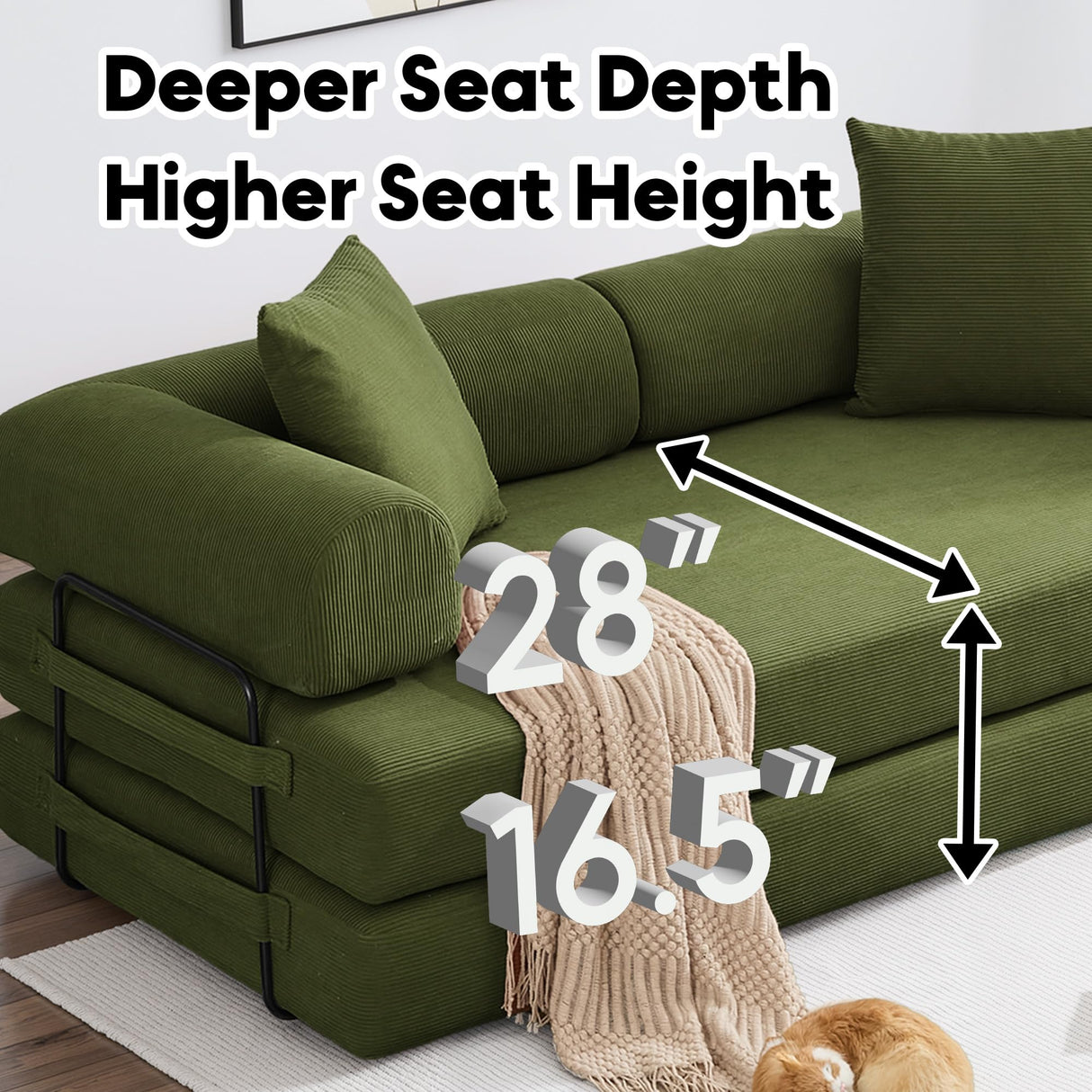 ZEIINPA Convertible Sleeper Sofa Bed with Cylindrical Pillow, Corduroy Folding Mattress Couch with Fixed-Shape Frame, Floor Sofa Lounge Couch for Living Room Bedroom Lounge Studio-Green ZEIINPA