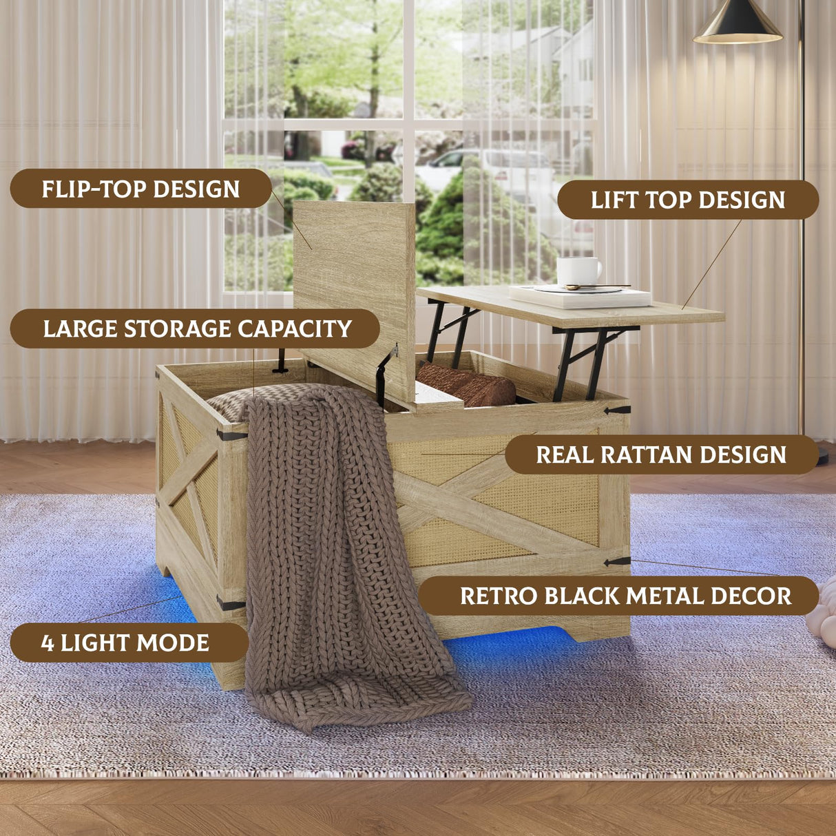 HAIOOU Farmhouse Coffee Table with Storage,Square Lift Top Coffee Table for Living Room with LED Light,Small Rustic Center Table for Small Space Bedroom Home Office(Natural,Rattan) HAIOOU