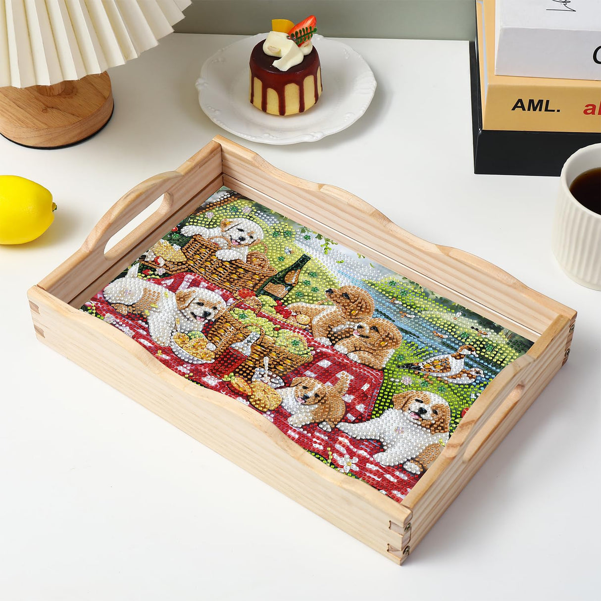 EWJRNSF Diamond Art Kits for Adults Wooden Serving Trays with Handles, 5D Diamond Painting Big Gem Arts and Craft Gifts Trays Decor Gift Home Decor 7.8x11.8 Inches Dog A EWJRNSF