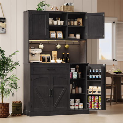 ONBRILL 71" Pantry Cabinet, Kitchen Pantry Storage Cabinet with LED Light & Outlet, Kitchen Hutch with Microwave Shelf & 6 Hooks, Door Shelf & Drawer & Adjustable Shelf, for Dining Room, Black