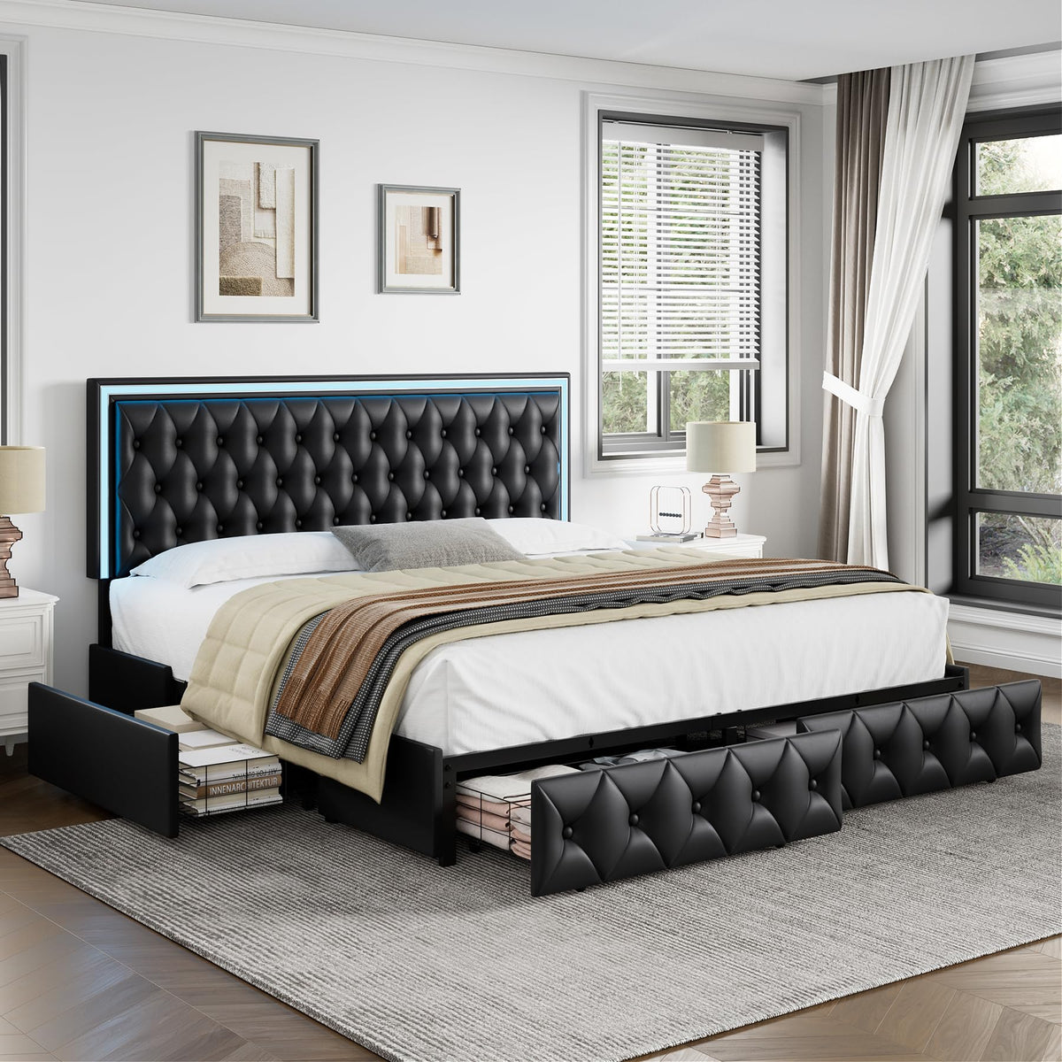 Keyluv Queen Upholstered LED Bed Frame with 4 Storage Drawers and Adju ...