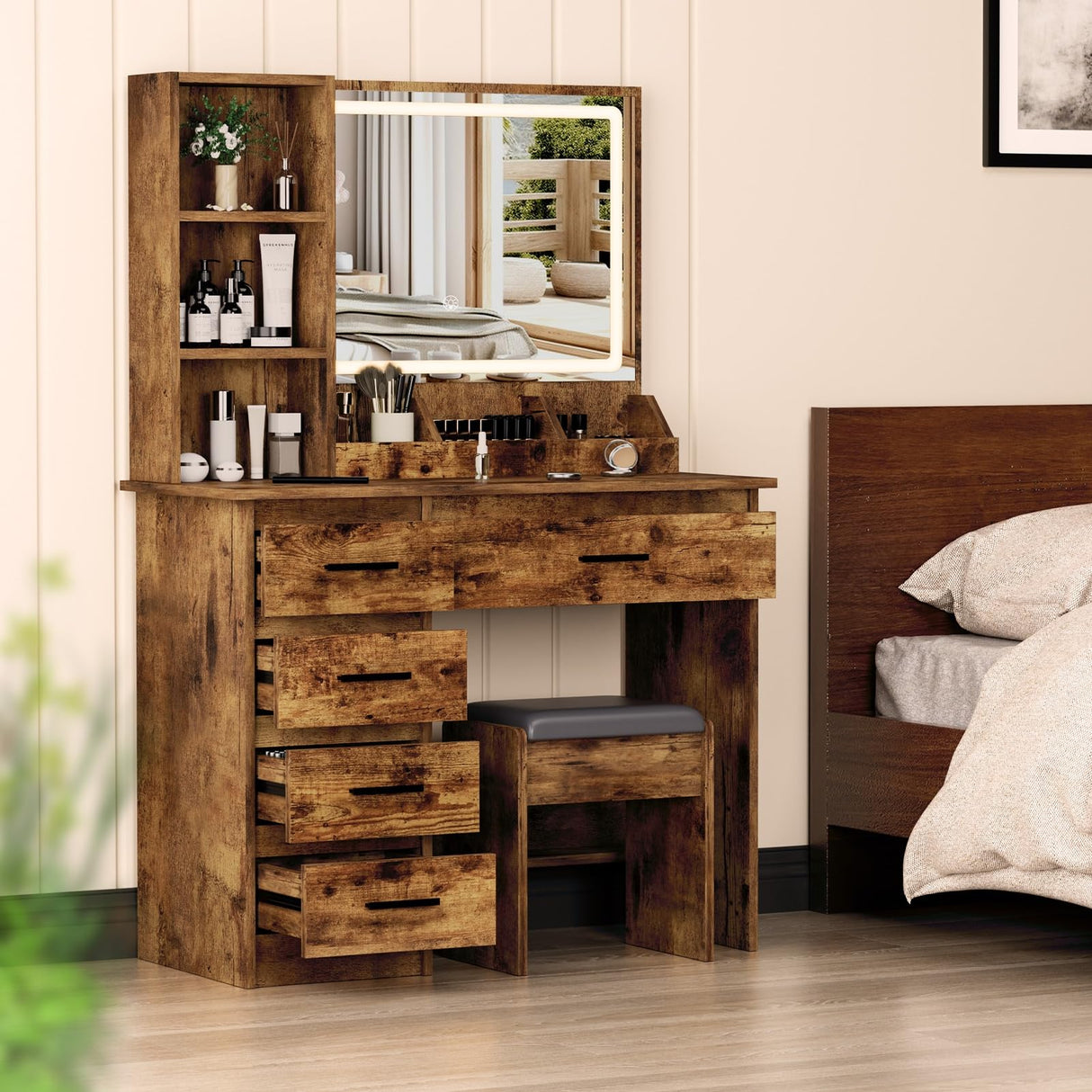 gihusrzx Makeup Vanity Desk with Mirror & Lights, Vanity Desk with 5 Drawers & Storage Shelves, Vanity Table with Chair, 3 Color Modes & Adjustable Brightness Dressing Table, Bedroom Retro Brown and gihusrzx