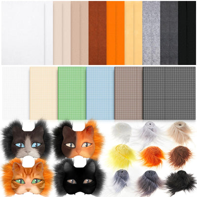 Seenelling 33 Pcs DIY Therian Mask Material Kit Including Felt Fabric Sheet Faux Fur Strips and Plastic Eye Mesh Sheets (No Mask) (Multicolor)