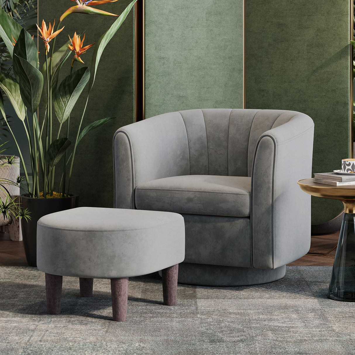 LINSY Swivel Accent Chair Ottoman Set: Velvet Small Barrel Chair with Foot Rest, Modern Reading Chair Upholstered Armchair with Footrest for Living Room Bedroom Study Room Office, Grey LINSY