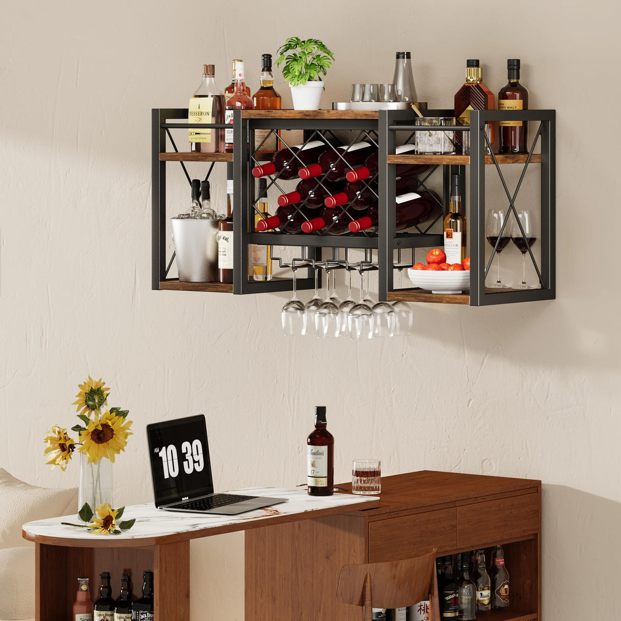 Homeiju Wall Mounted Wine Rack with Glass Holder, Wood-Metal Retro Bar Shelf, Wine Bottles Display Wall Storage for Kitchen Dining Room Home Bar Homeiju