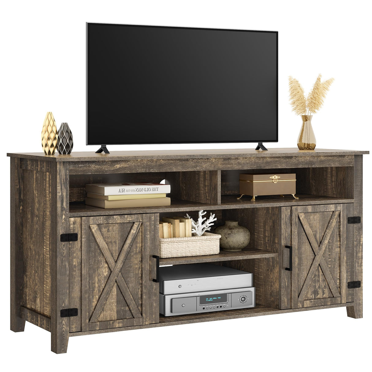 DWVO TV Stands for Living Room, Farmhouse Entertainment Center for 65 Inch TV, Rustic TV Console with Storage and Barn Door, Console Table Media Television Stands, 59 Inches, Light Rustic Oak DWVO
