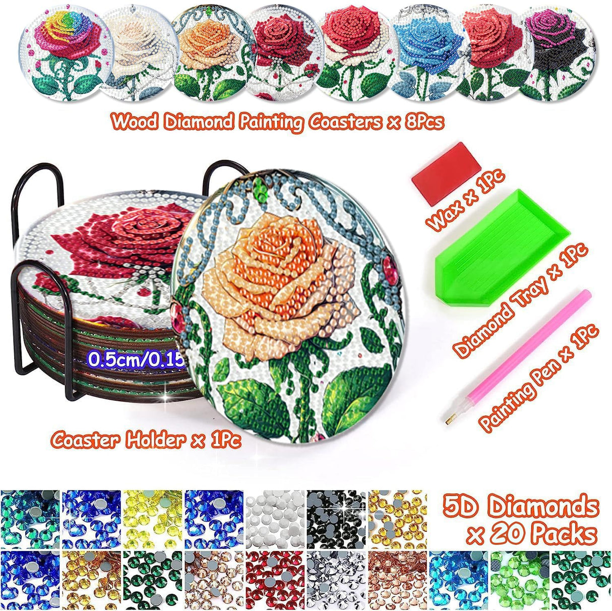 Diamond Art Coasters Kit for Adults, 8 Pcs Rose Diamond Painting Coasters Kit with Holder, DIY Non Slip Art Supplies for Beginners 4x4in Axquilon