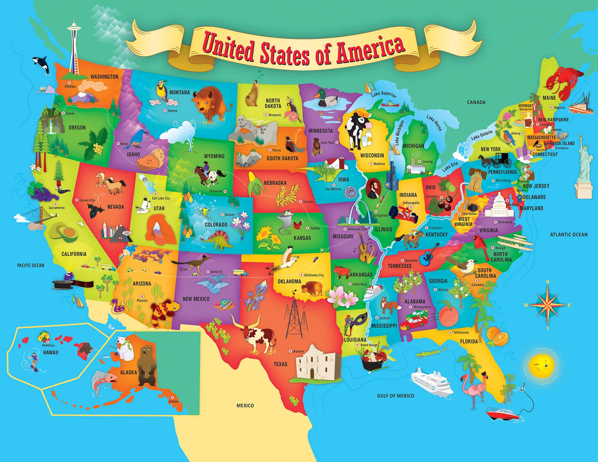 MasterPieces 60 Piece Educational Jigsaw Puzzle for Kids - USA Map State Shaped - 16.5"x12.75" Masterpieces
