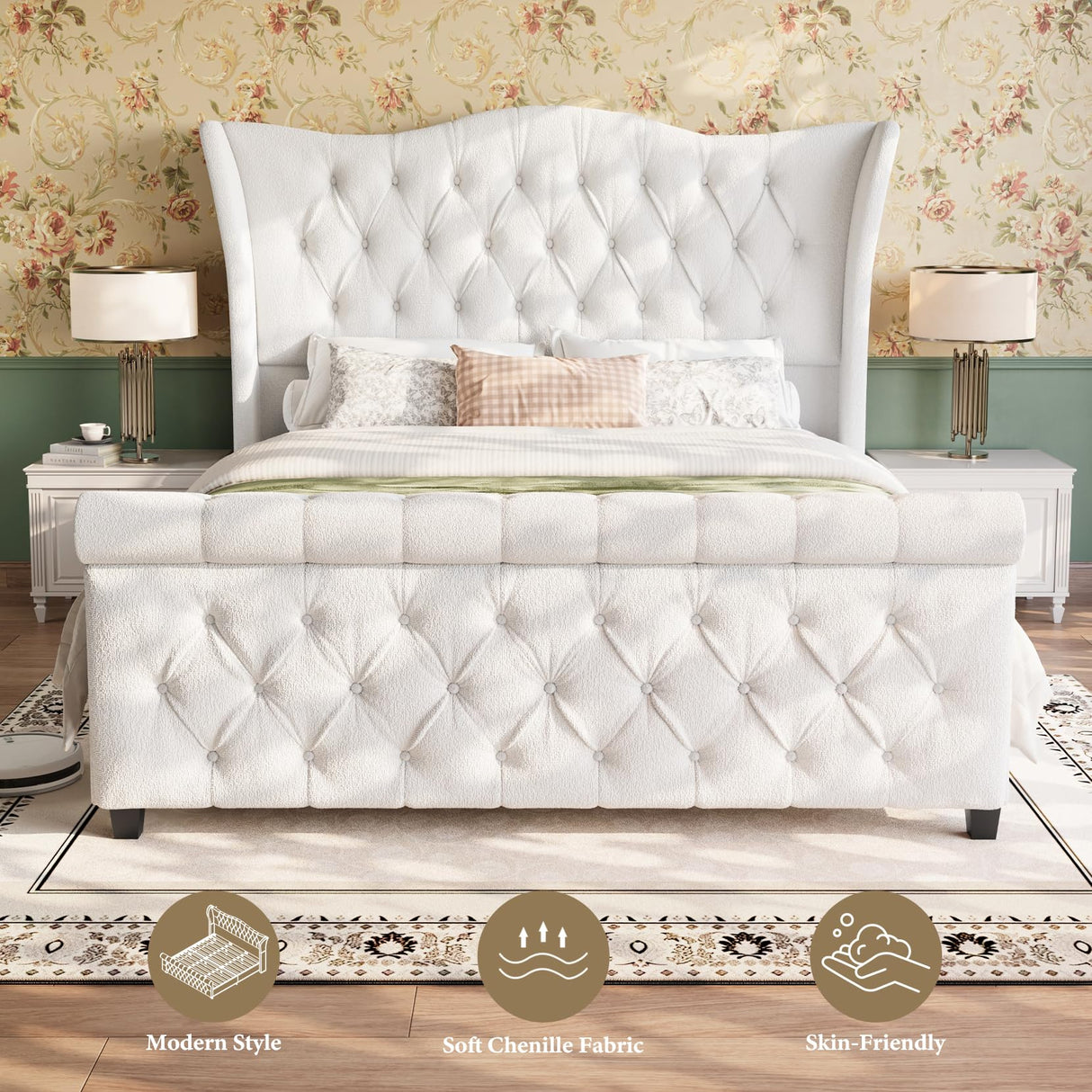 Queen Size Bed Frame-Upholstered Platform Chenille Sleigh Bed-51 inch Scroll Wingback Tall Headboard Footboard-Deep Button Tufted-Easily Assemble-Wood Slats Support-No Box Spring Required-Cream koorlian