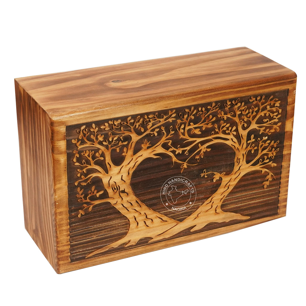 Hind Handicrafts Wooden Box Funeral Cremation Urns for Human Ashes Adult Large - Burial Urns for Columbarium - Tree of Life Flying Bird (250 Cubic Inches, Twin Tree - Heart) Hind Handicrafts