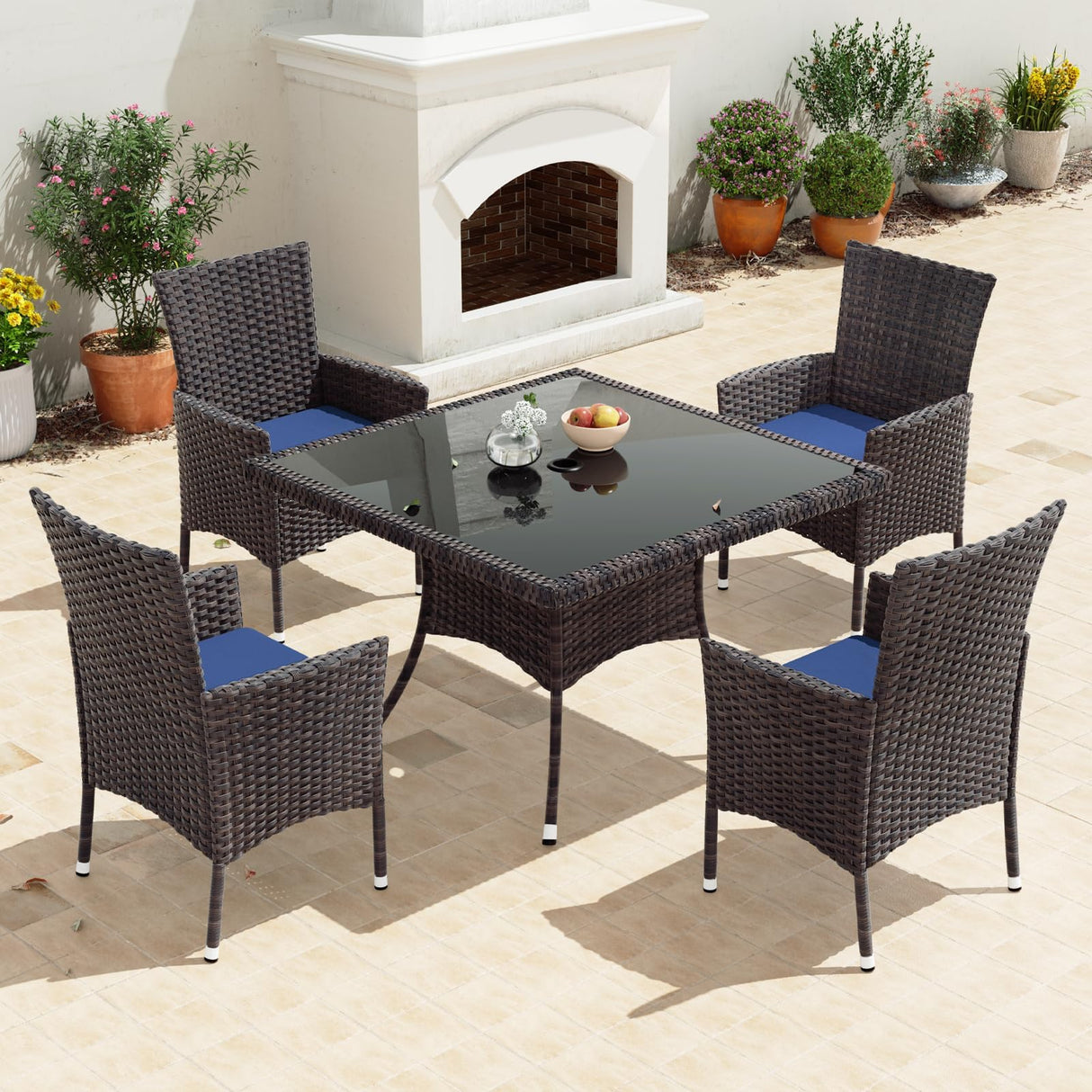 Gotland 5-Piece All-Weather Rattan Patio Dining Set with Tempered Glass Table, Tilt Backrest, Umbrella Hole, and Removable Cushions for Lawn, Deck, Backyard Gotland