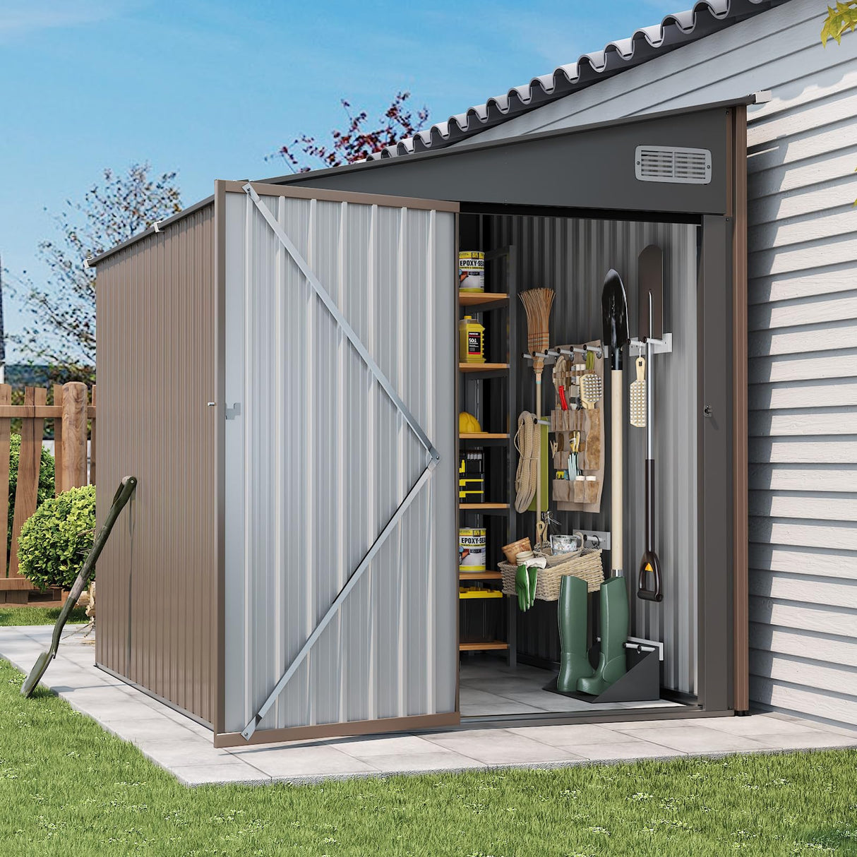 Breezestival 7'x5.5' Lean to Shed Large Storage Room Galvanized Steel Storage Sheds with Side Door Waterproof Utility Shed with Sloped Roof for Mower, Bike, Garden Tools (Brown) Breezestival