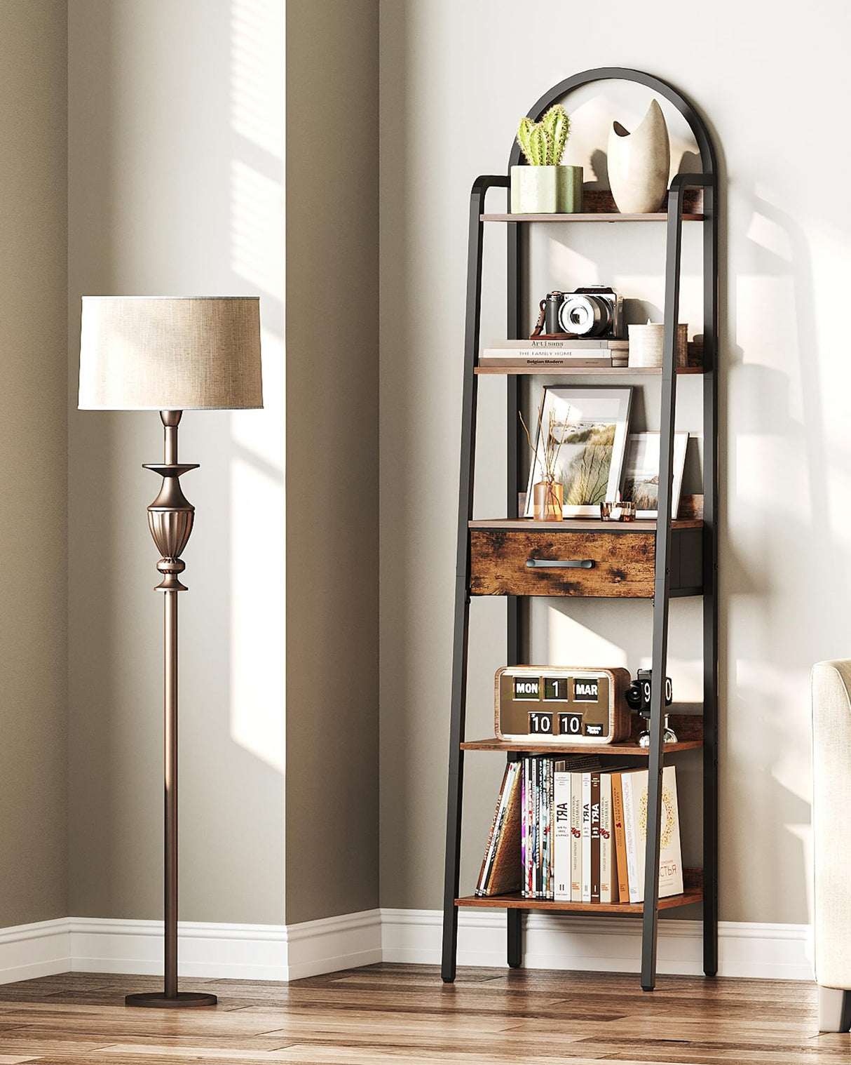 CHOEZON 5 Tier Ladder Shelf with Drawer, Tall Narrow Bookshelf with Storage, Industrial Ladder Bookshelf, Tall Corner Shelves for Living Room, Bedroom, Balcony, Rustic Brown and Black TCJ07BF CHOEZON