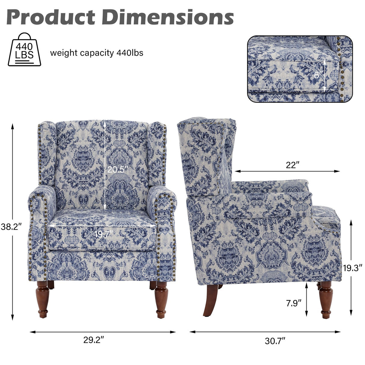 UIXE Floral Accent Chair, High Back Pattern Arm Chair for Living Room, Traditional Fabric Armchair Comfy Upholstered Sofa Reading Seat with Nailhead Trim & Retro Wood Legs - Navy UIXE