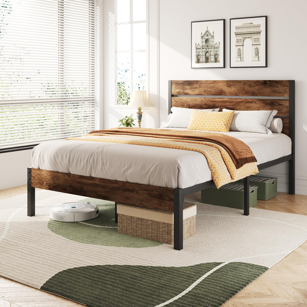 Lifezone Full Bed Frame with Headboard and Footboard, Metal Full Bed Frame with Under-Bed Storage, All-Metal Support System, No Box Spring Needed, Easily Assemble, Vintage Brown Lifezone