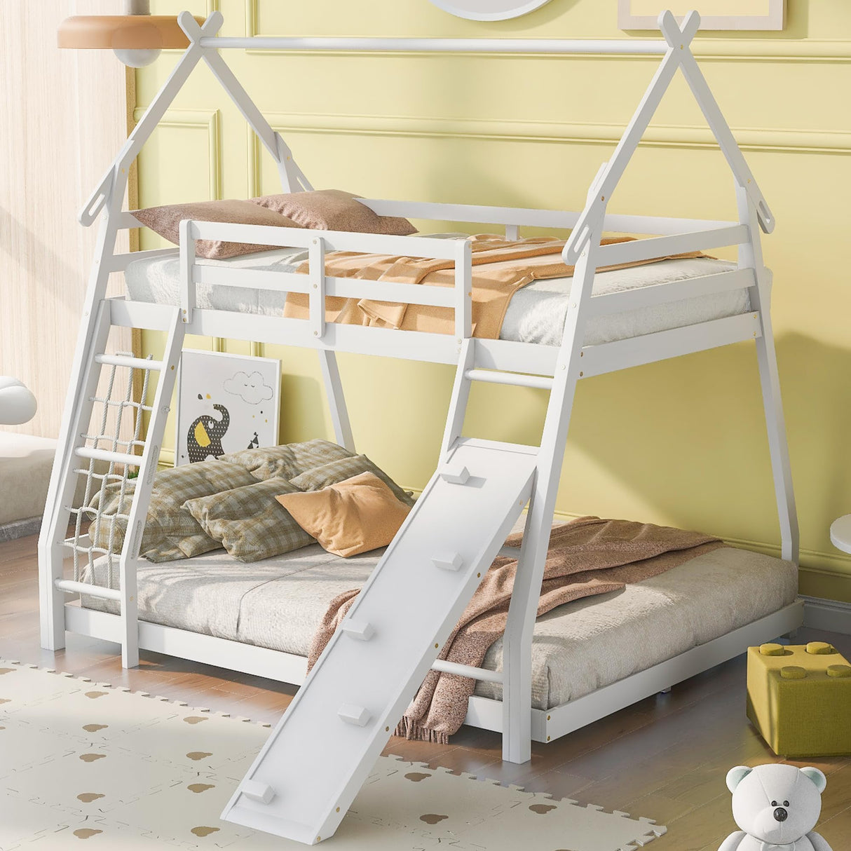 Merax Twin Over Queen House Bunk Bed Frame Solid Wood with Climbing Nets and Climbing Ramp for Boys Girls,Playroom,White Merax