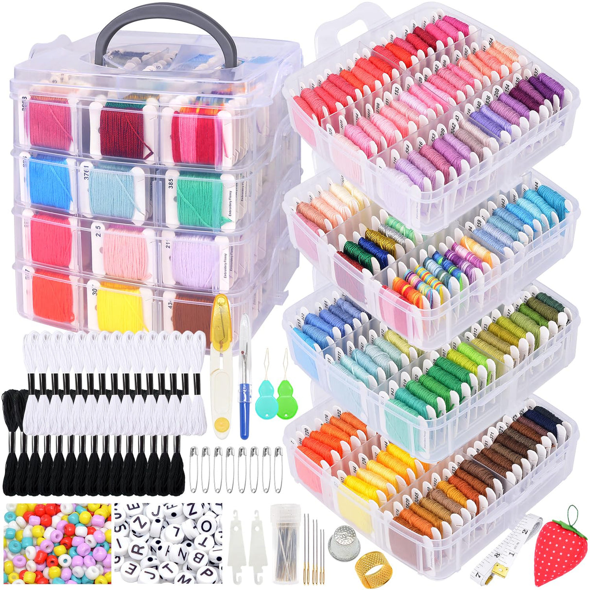 VICOVI Embroidery Thread Kit Including 200 Skeins Embroidery Floss 30 Skeins White & Black Embroidery Thread Cross Stitch Tool for Friendship Bracelets Arts DIY Crafts with 4-Tier Transparent Box VICOVI