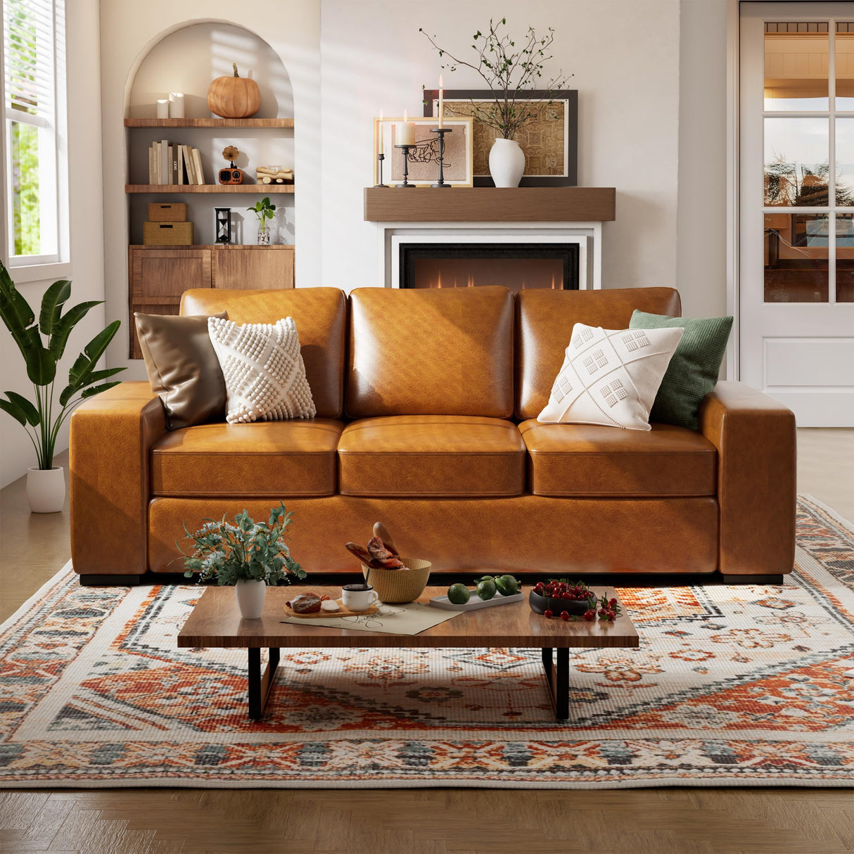 ELUCHANG 85" Luxury 3 Seater Sofa Couch for Living Room, Modern Upholstered Faux Leather Sofas Couches with Extra Deep Seats&Removable Cover, Comfy Sofa Couch for Small Space Apartment Lounge, Brown ELUCHANG