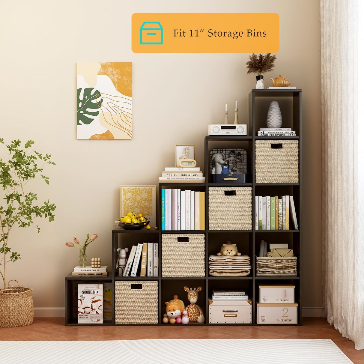 OSCHF Ladder Cube Storage Bookcase - Wooden L-Shaped 5-Tier Corner Shelf, Reversible 15-Cube Organizer for Home & Office, Black