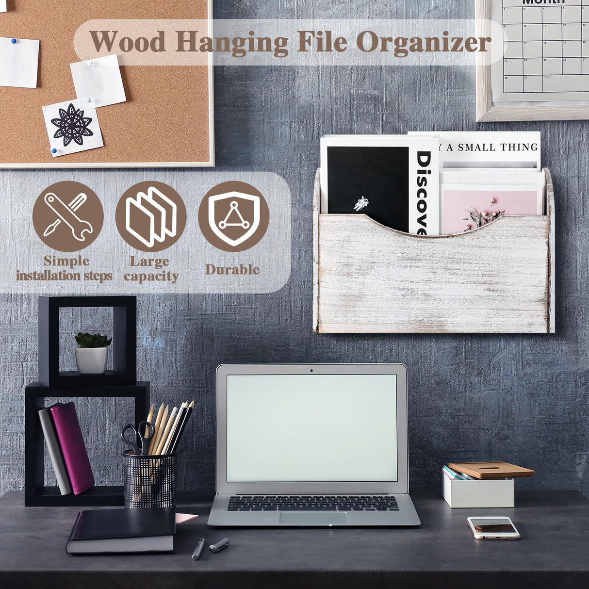 Suzile Wall Mounted File Holder Wood Magazine Holder Wall Hanging File Organizer for Office Mail Magazine Letter Paper Folder Organization(White) Suzile