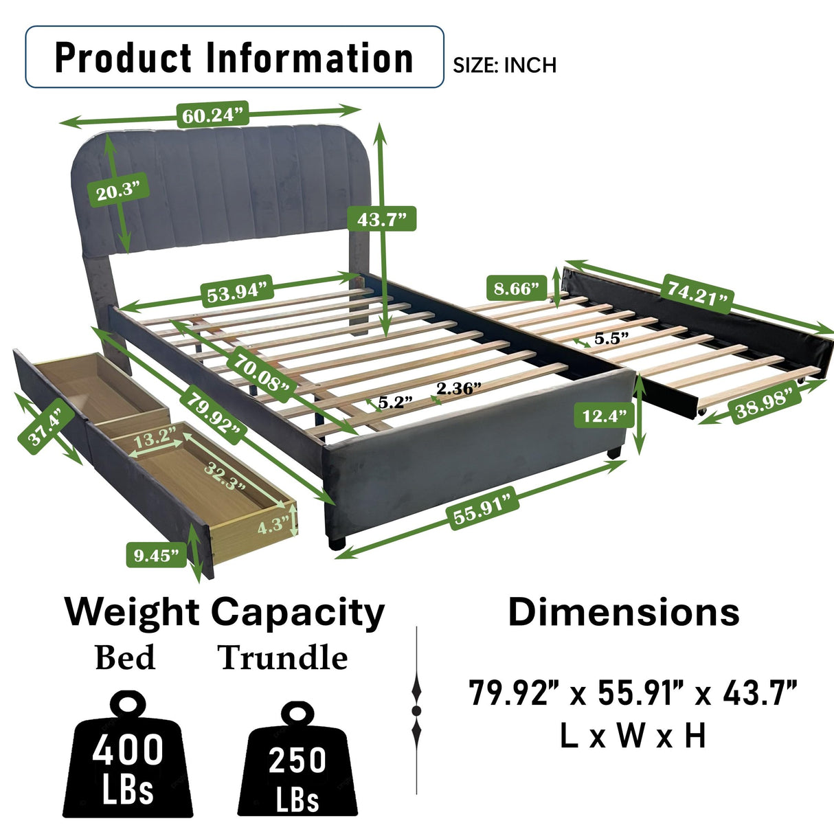PVWIIK Upholstered Full Platform Bed with Trundle and Drawers for Bedroom, Living Room, Upholstered Soft Fabric Bedframe & Space Saving Design,No Box Spring Needed, Grey PVWIIK
