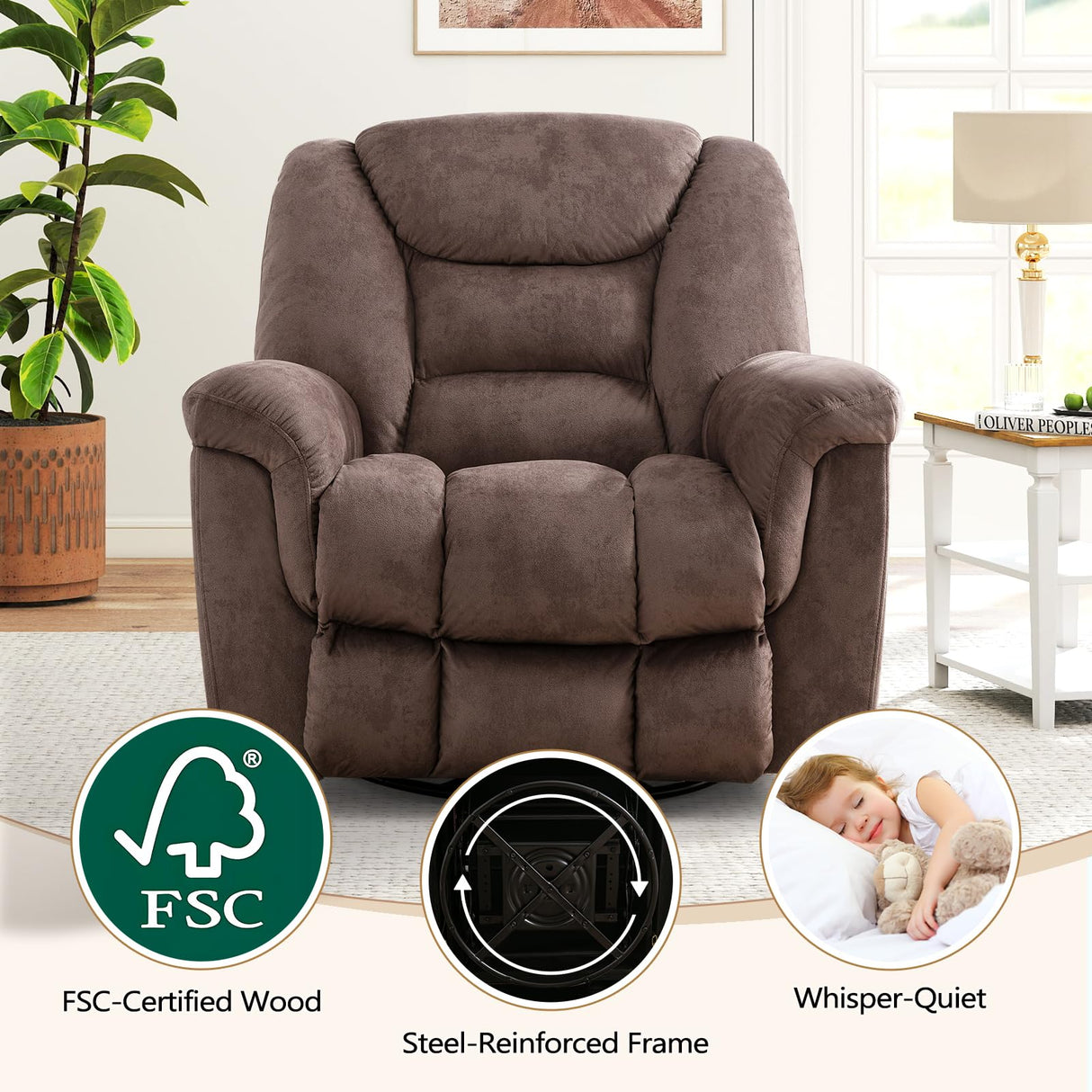 ANJ Rocker Recliner Chair Oversized Manual 360° Swivel Recliners Comfy Glider Rocking Chairs for Big Man Extra Wide Overstuffed Reclining Chair for Living Room, Camel ANJ