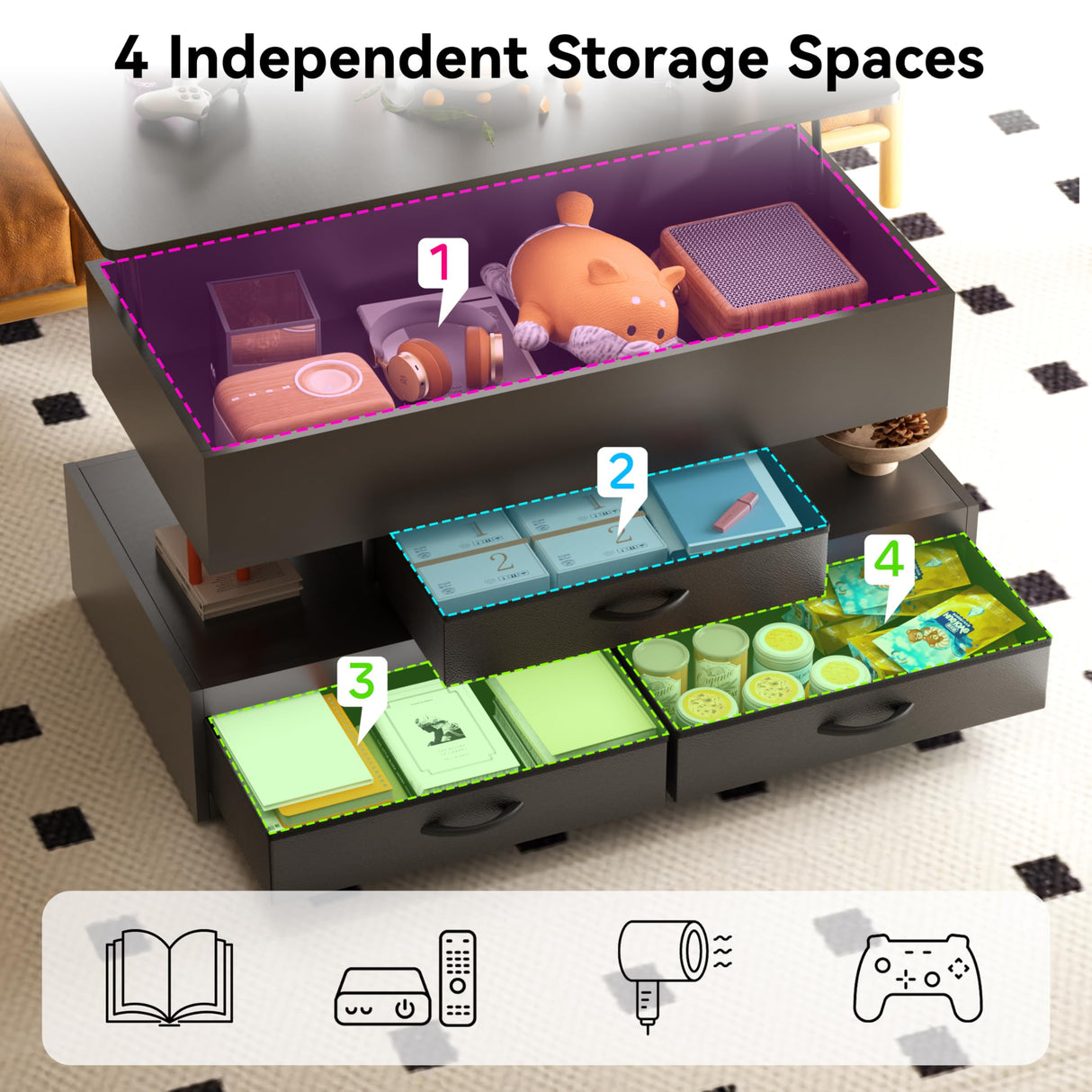 Oransail 40" Lift Top Coffee Table, Led Coffee Table with 3 Fabric Storage Drawers and Hidden Compartmen, Farmhouse Coffee Tables for Living Room Oransail