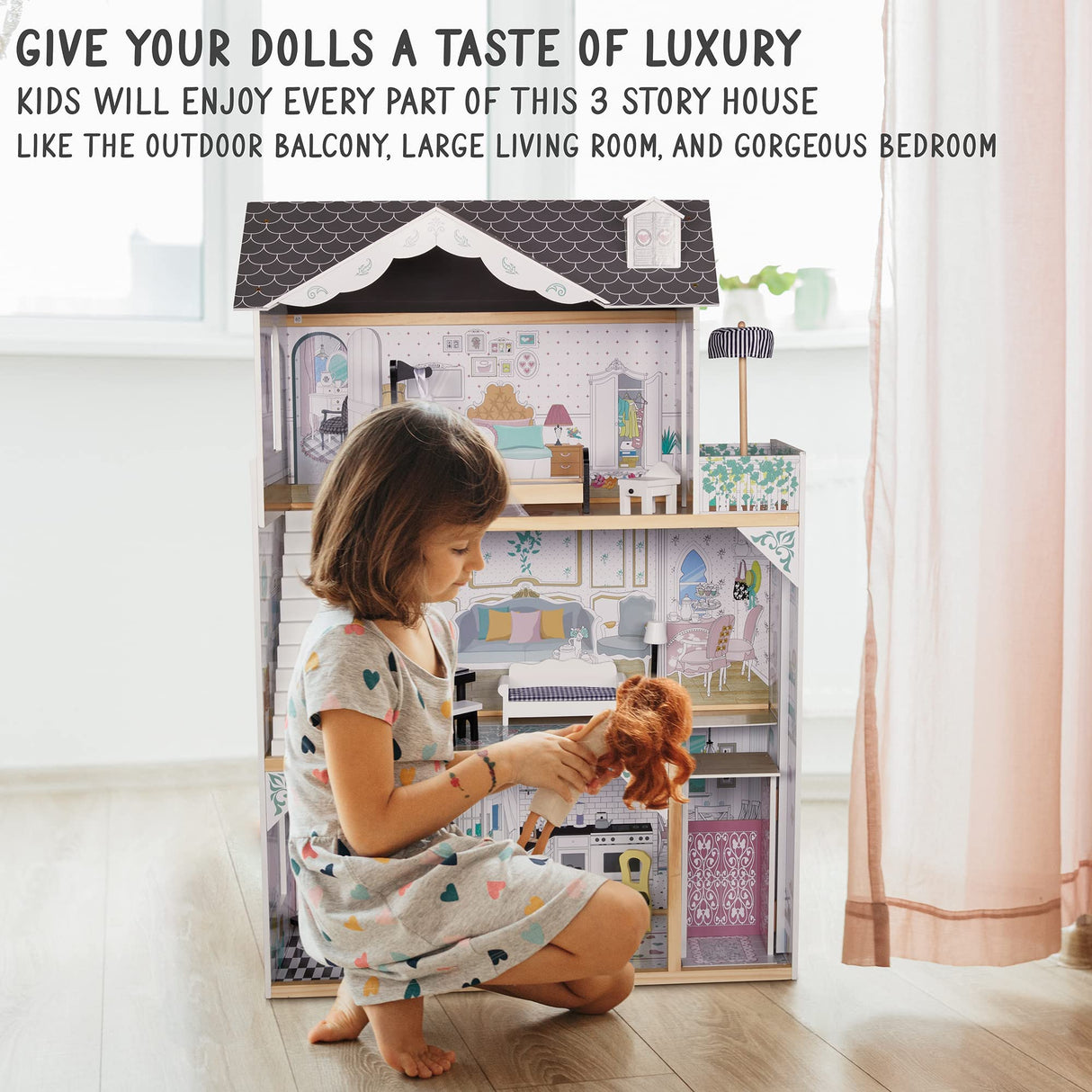 Lil' Jumbl X-Large 3-Story Wooden Dollhouse with Elevator, Balcony & Furniture Set Lil' Jumbl