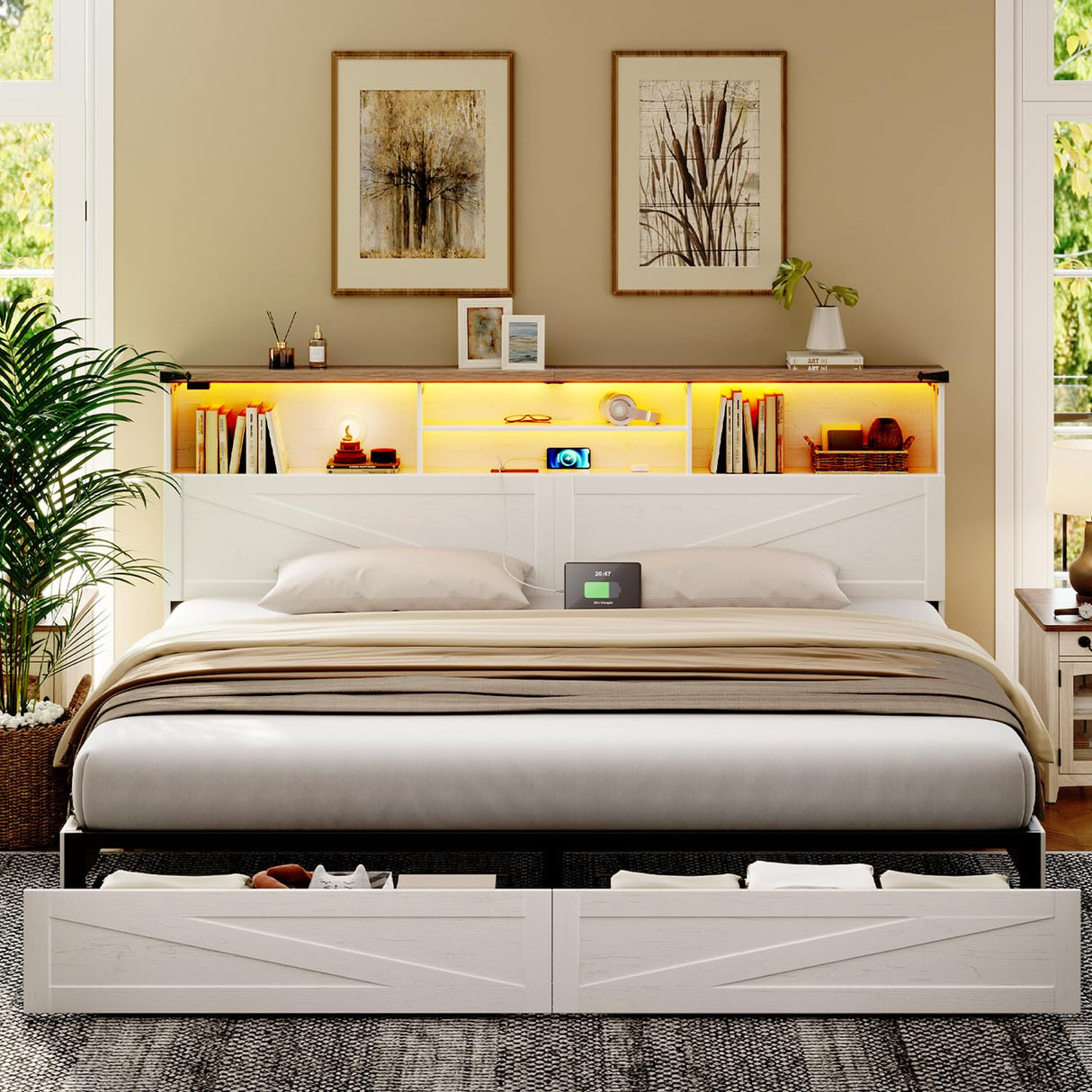 ROCHECASA King Size Bed Frame with Bookcase Storage and Drawers, Farmhouse Bed with High Headboard, Charging Station and LED Lights, No Box Spring Needed, Noise Free, Easy Assembly, Antique White ROCHECASA