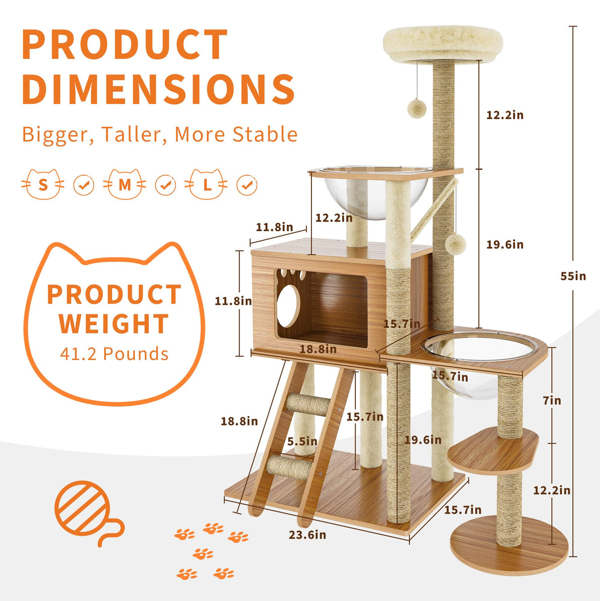 55'' Wood Cat Tree Modern Multi-Level Cat Tree Tower for Indoor Small & Large Cats with 2 Space Capsules Sisal Scratching Post Wooden Cat Condo Plush Top Perch and Dangling Toy Balls OUTGOODS