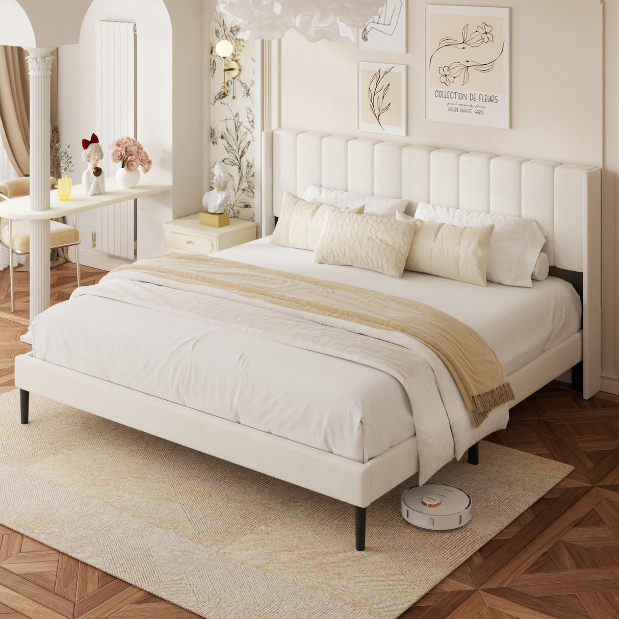 King Size Bed Frame with Vertical Chanel Tufted Headboard and Wingback, Upholstered Platform Bed, Strong Wooden Slats, Easy Assembly, Noise Free, No Box Spring Needed, Beige Velvet HAOARA