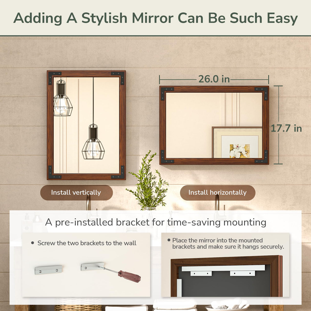 TokeShimi 18x26 Inch Farmhouse Bathroom Mirror Rustic Wooden Framed, Natural Wood with Walnut Accents, Water-Proof, French Cleats Installation, HD-Reflection and Shatter-Proof Glass TokeShimi