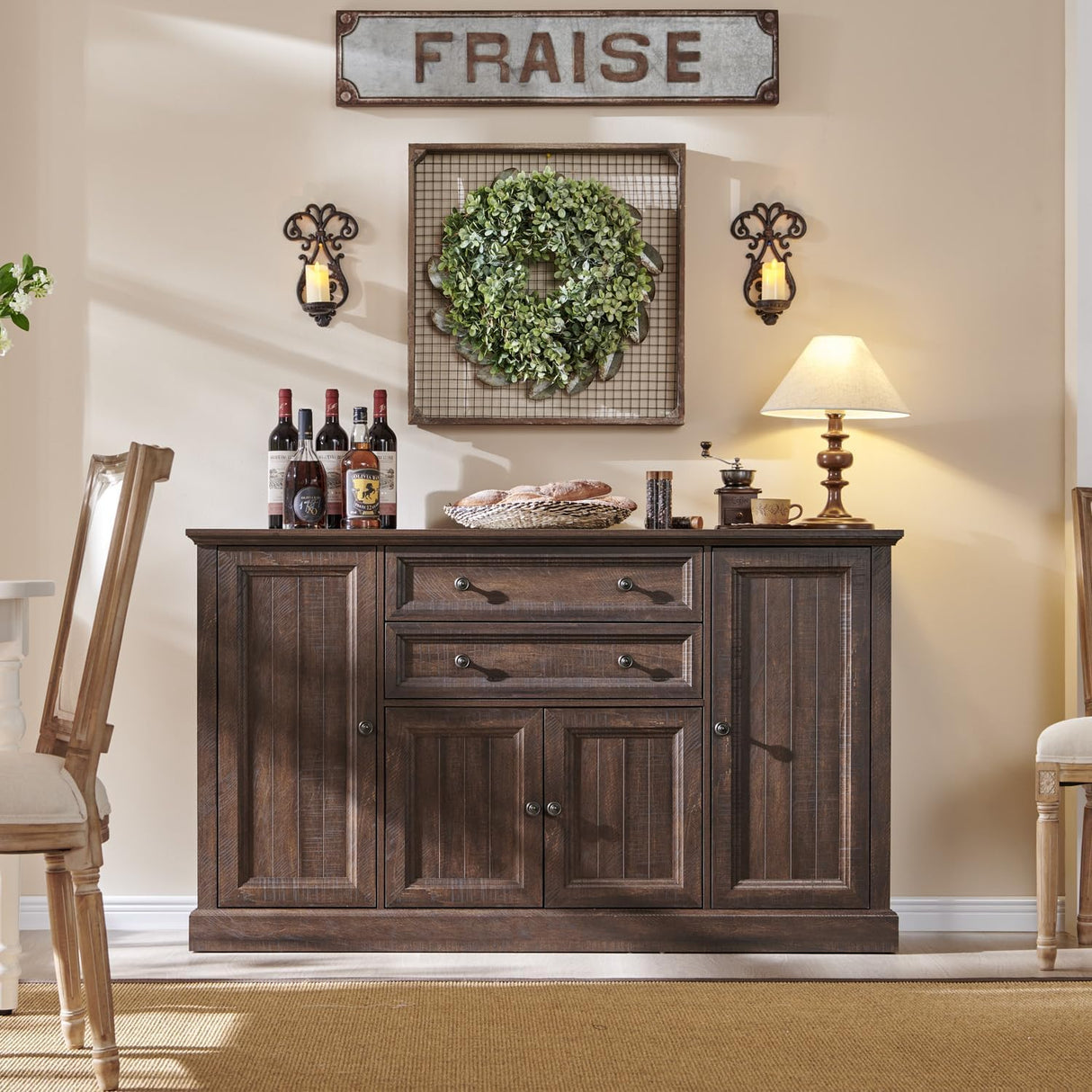 IFGET Farmhouse Sideboard Buffet Cabinet with Storage, 58'' Large Coffee Bar Stroage Cabinet with 2 Drawers and 4 Doors, Wood Rustic Accent Cabinet for Dinning Room, Hallway, and Living Room, Brown IFGET