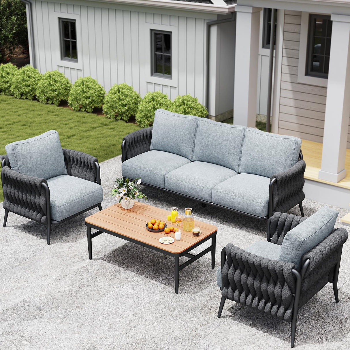 Jocoevol Outdoor Patio Furniture Set 6-Piece, Outdoor 5-Seat Sofa with Coffee Table, Waterproof Thick Cushion Patio Conversation Set, All Weather Outdoor Couch Set for Deck, Lawn, Balcony, Porch Jocoevol