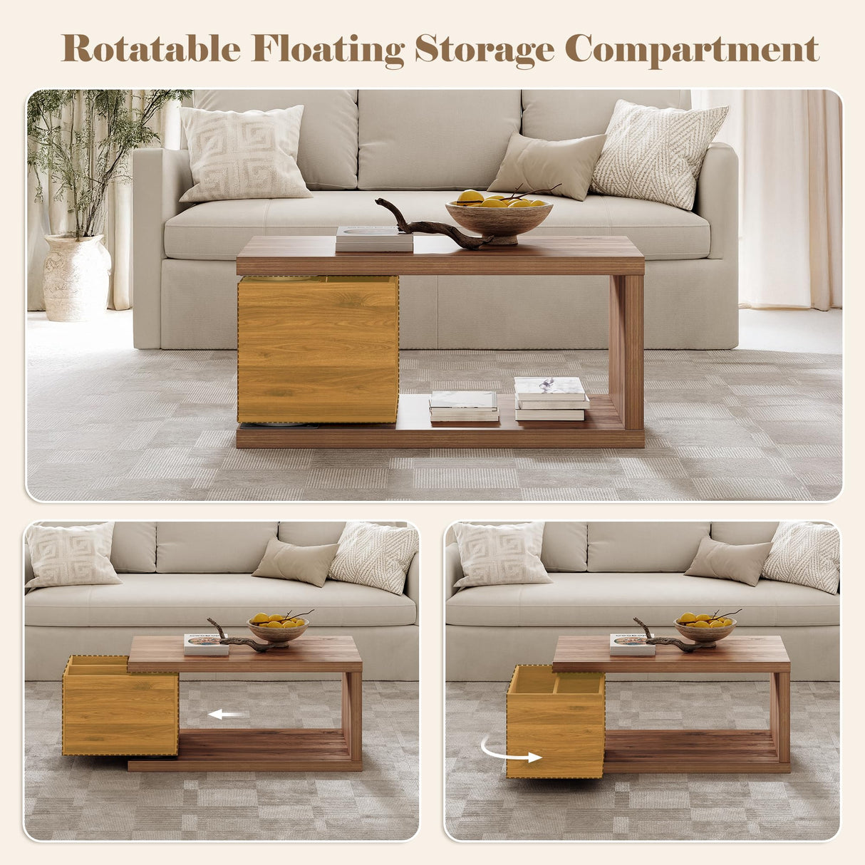 Yechen Modern Coffee Table with Hidden Storage, 1.4" Thick Long Expandable Rotating Coffee Table, Wood Rectangle Cocktail Table for Living Room,Walnut Yechen