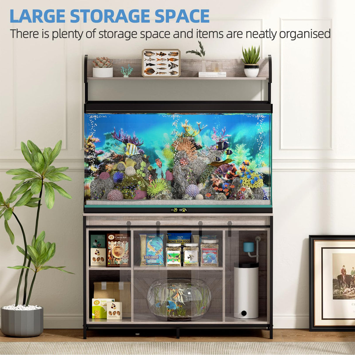 SYESWAY 55-75 Gallon Fish Tank Stand with Power Outlets, Heavy Duty Metal Frame Aquarium Stand with Barn Door, Turtle Reptile Terrariums Stand, 1000LBS Capacity, Grey SYESWAY