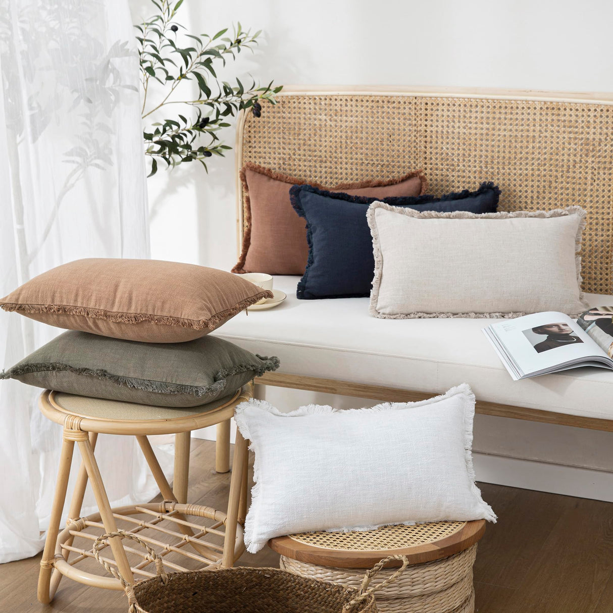 Foindtower Decorative Linen Fringe Lumbar Throw Pillow Covers Cozy Boho Farmhouse Cushion Cover with Tassel Soft Accent Pillowcase for Sofa Bed Living Room Home Decor, 12×20 Inch, 1PC, Natural Beige Foindtower