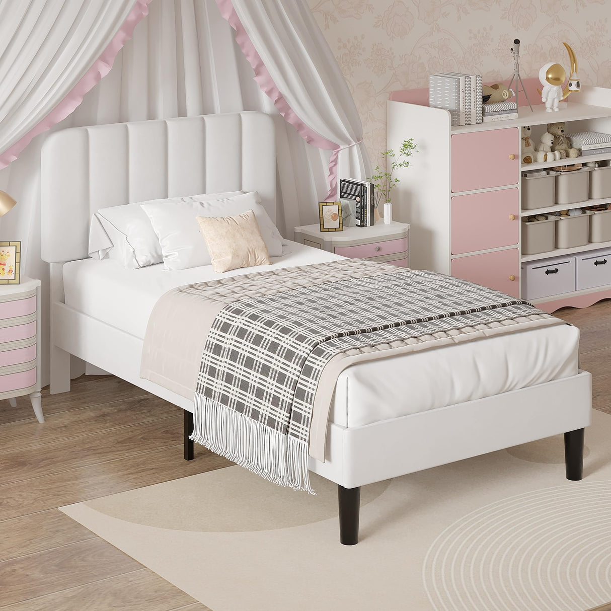 VECELO Twin Size Bed Frame with Upholstered Headboard, Velvet Platform Bedframe Mattress Foundation, Strong Wood Slat Support, No Box Spring Needed,White VECELO