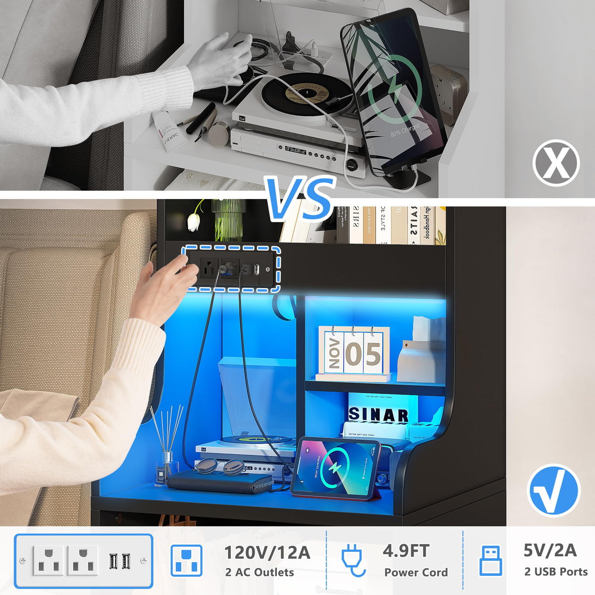 EnHomee Tall Nightstand with USB Ports, 20-Color LED Lights & 2 Drawers - Black Farmhouse Design EnHomee