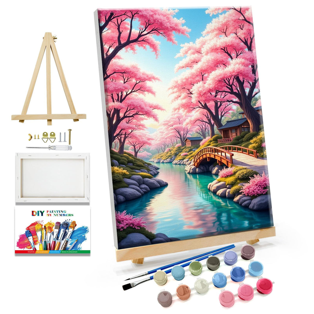 JOOZ Landscape Paint by Numbers Kit for Adults Framed Cherry Blossom Paint by Number with Easel Bridge Adult Paint by Number Kits Lake Scenery Oil Painting Kits for Gift Home Wall Decor 8x12 Inch JOOZ