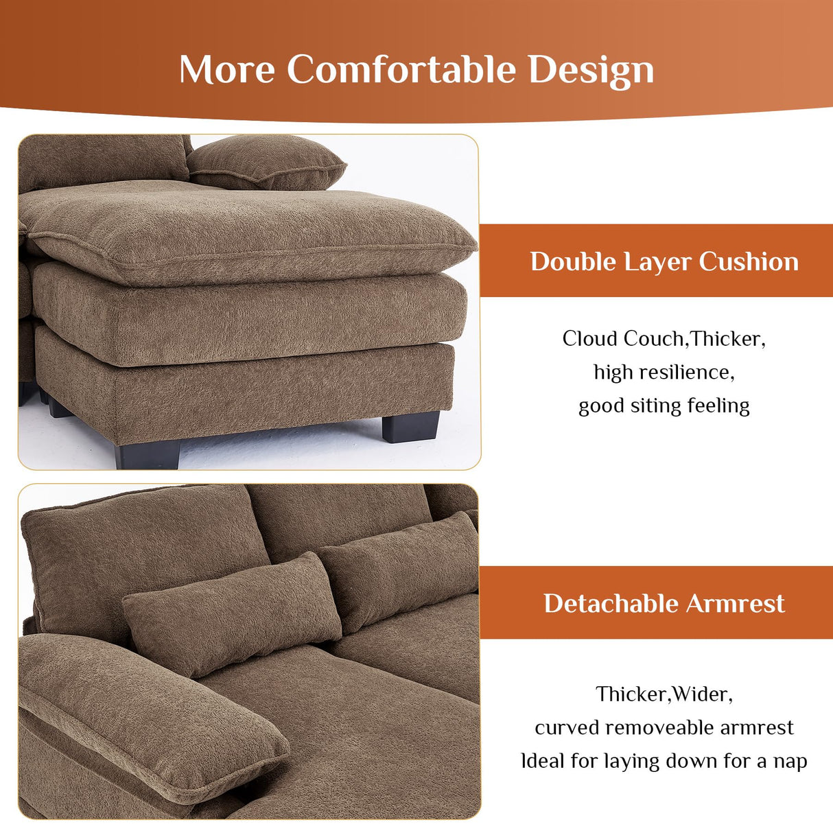 OUYESSIR 114" U Shape Sectional Sofa Cloud Couch for Living Room, Upholstery Comfy Modular Sofa, 4 Seat Chenille L-Shaped Sleeper Sofa with Chaise Lounge, Ottoman & Pillows,Brown OUYESSIR