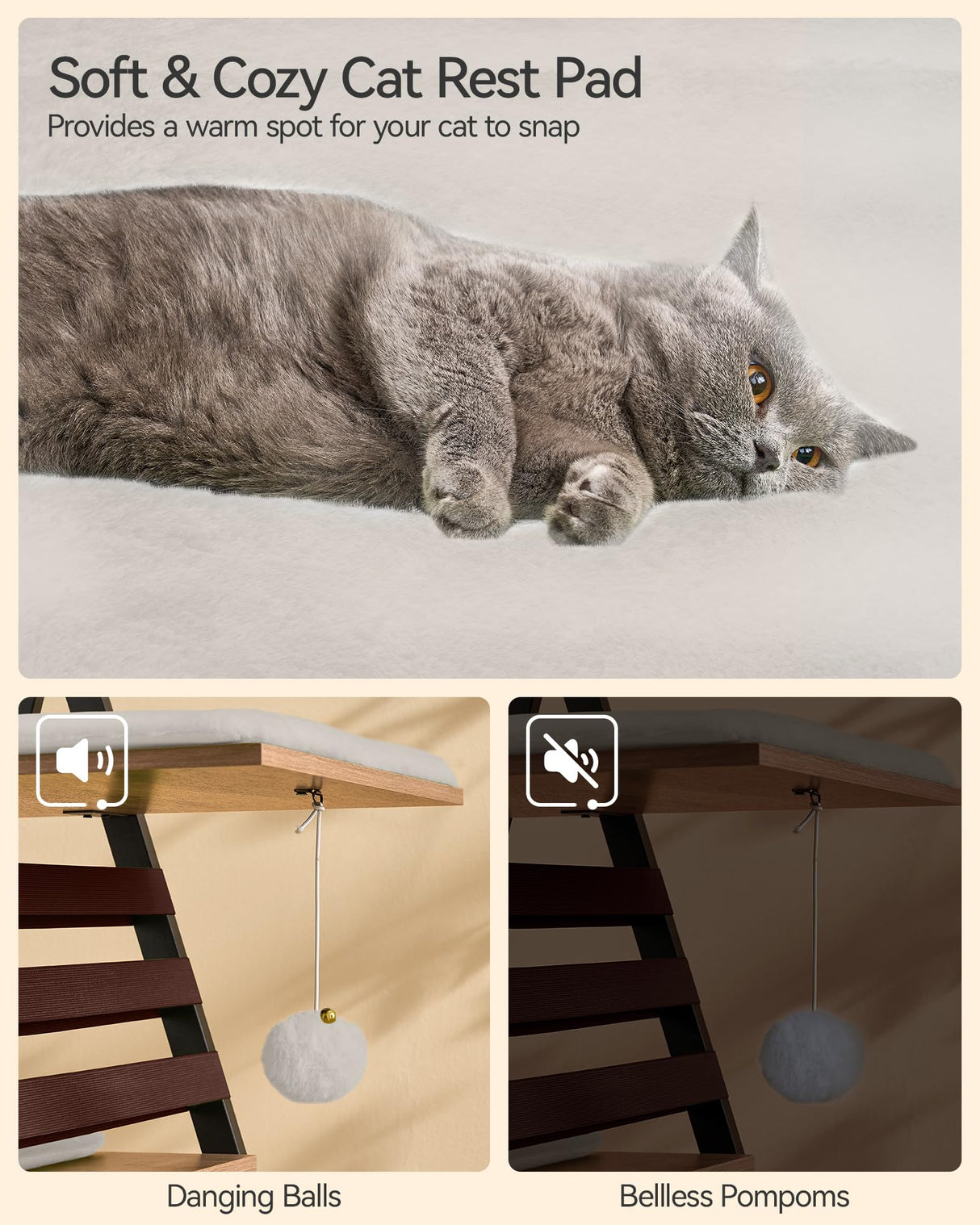 FourFurPets 72.4" Cat Tree, Modern Cat Tower for Indoor Cats, Multi-Level Cat Condo with Caves, Tall Cat Tree with Cat Scratching Board, Wooden Cat Tower with Large Perch, Removable Pads, Camel Brown FourFurPets