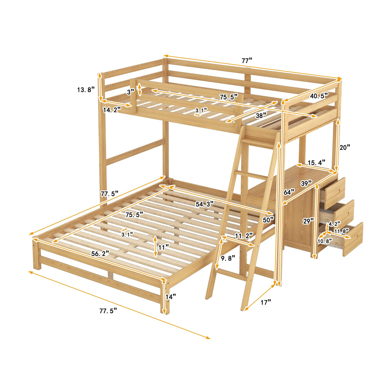 VilroCaz Twin Over Full Bunk Bed with Built-in Desk and Nightstand in Natural Finish VilroCaz