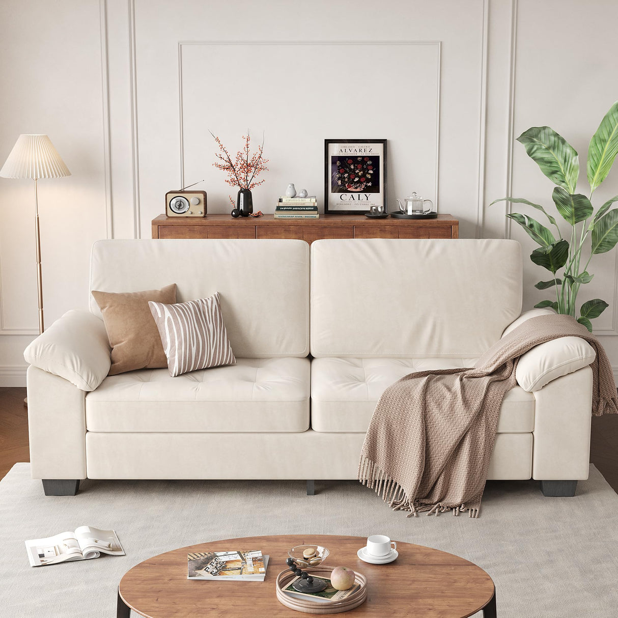 GarveeHome 90 in 3 Seater Sofa Counch Velvet Upholstered Oversized Loveseat with Soft Spacious Armrests, Comfy Button Tufted Couch for Living Room, Bedroom, Apartment, Beige GarveeHome