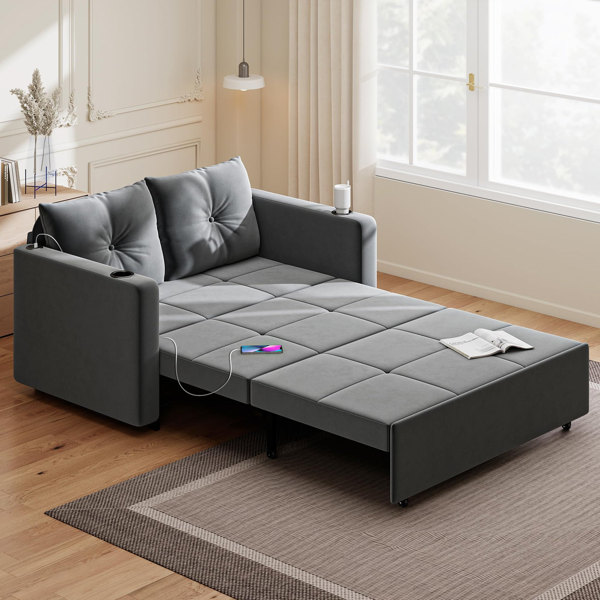 Krcix 3 in 1 Pull Out Couch, 56 Inch Velvet Sofa Bed, Convertible Loveseat Sleeper Sofa for Living Room, Small Space, Upholstered Couch Bed with USB, Cup Holder(Grey) Krcix