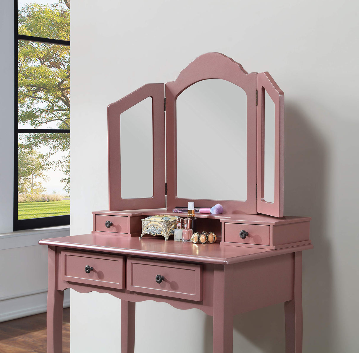 Roundhill Furniture Sanlo Wooden Vanity, Make Up Table and Stool Set, RoseGold Roundhill Furniture