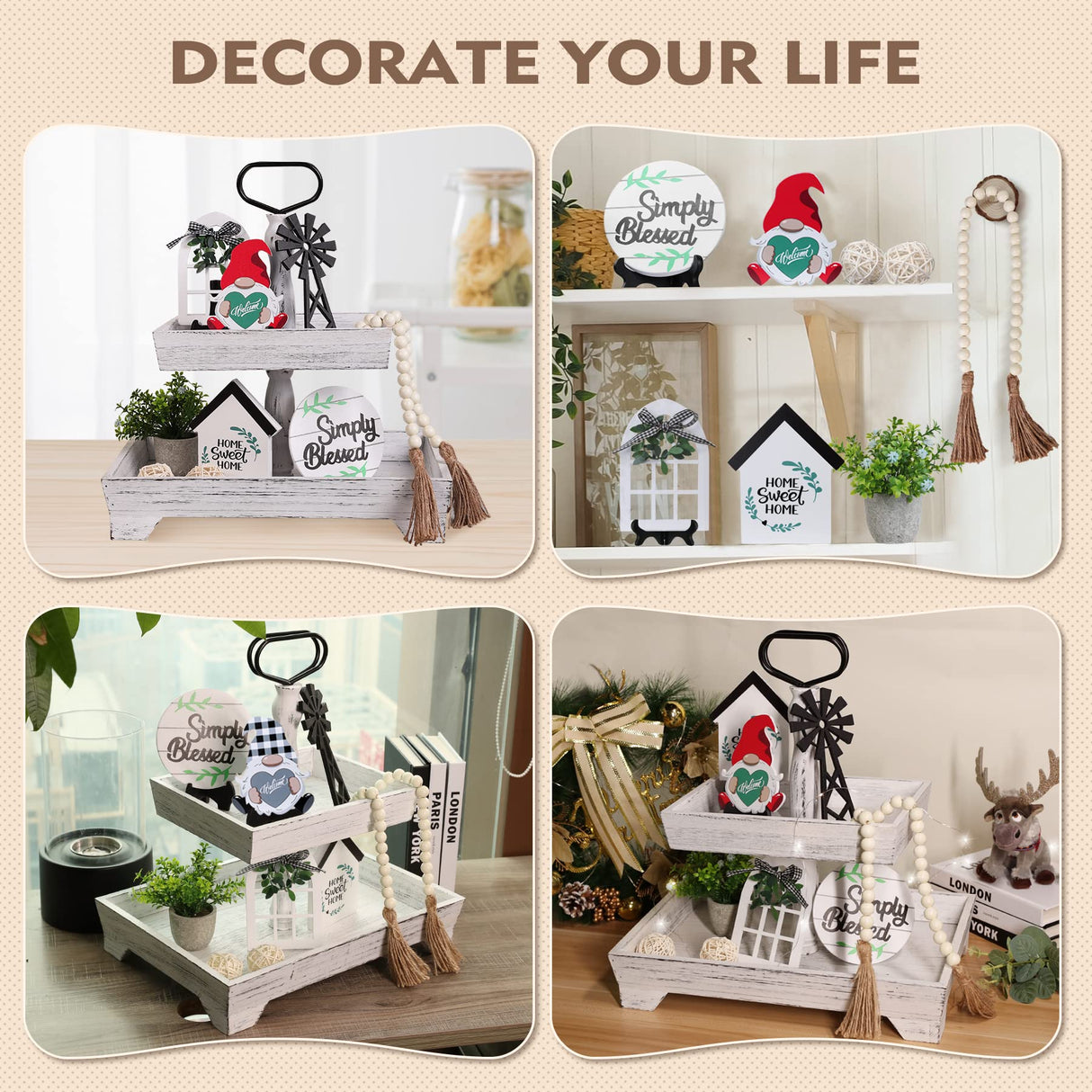 Eufrozy 11pcs Farmhouse Tiered Tray Decor Set, Rustic Tier Tray Decorations with Black and White Buffalo Plaid Gnome Ornaments Wooden Home Sweet Home Sign for Kitchen Table Decor Summer Housewarming Eufrozy