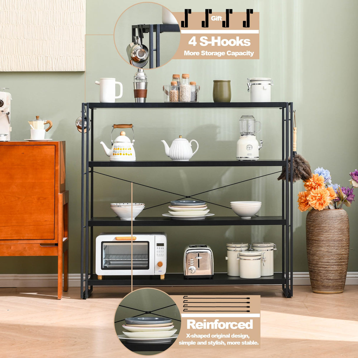 HCHQHS Bookshelf, 4-Tier Industrial Bookcase, Black Open Book Shelf, Freestanding Tall Bookshelves with Metal Frame HCHQHS