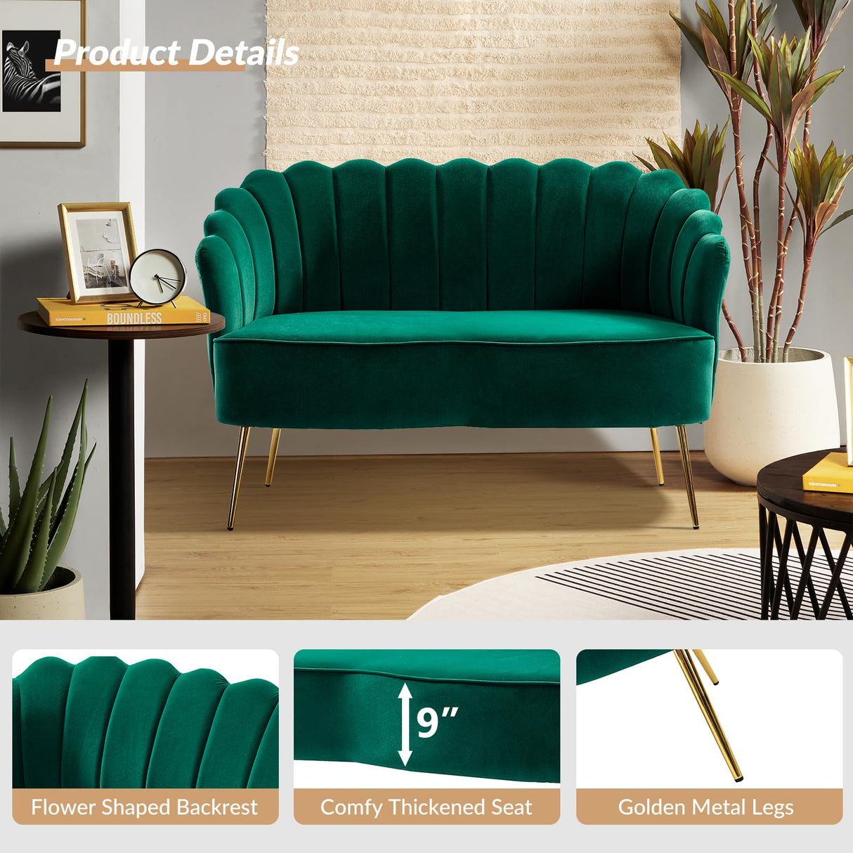 HULALA HOME Velvet Loveseat Sofa with Flower Shaped Back, Modern 2-Seater Sofa for Living Room Bedroom, Comfy Upholstered Small Love Seat Couch with Gold Legs, Green HULALA HOME